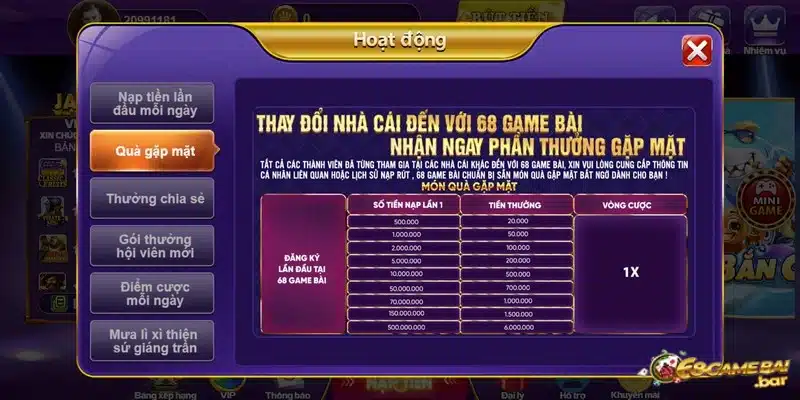 Chi tiết ưu đãi quà gặp mặt tại 68 game bài